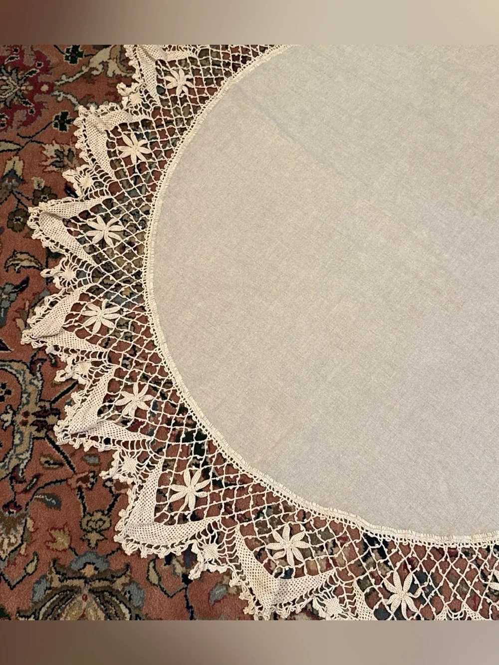 Antique Linen and Crochet Lace Round Tablecloth - Cream